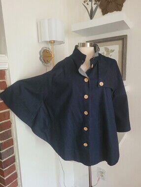 Chico's Denim Navy Button-Front Cape Jacket with Striped Collar OS